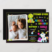 写真ユニコーンと恐竜の誕生日の招待状 招待状 (正面/裏面)