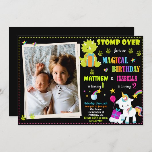 写真ユニコーンと恐竜の誕生日の招待状 招待状 (正面/裏面)