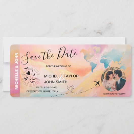 写真ユニーク搭乗券の世界地図を保存 招待状 (正面)