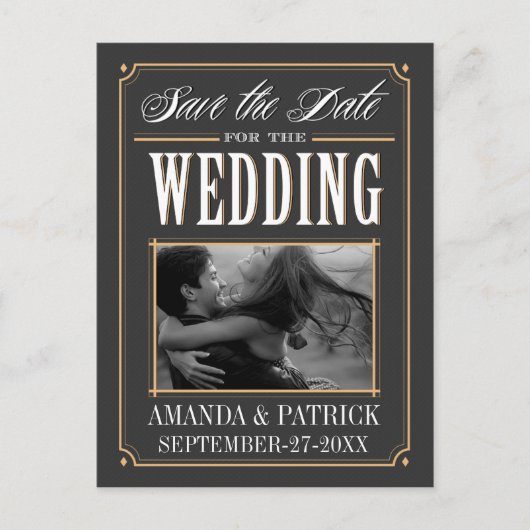 写真ヴィンテージアールデコ結婚式の日付カードの保存 案内ポストカード (正面)