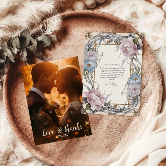 写真ヴィンテージアールヌーボーフローラパープル結婚ズ サンキューカード