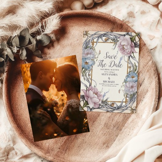 写真ヴィンテージアールヌーボーフローラパープル結婚ズ セーブザデート