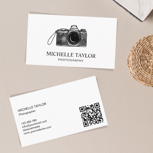 写真ヴィンテージ水色カメラQRコード 名刺