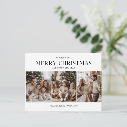 写真三枚メリークリスマスと新年おめでとう ポストカード (スタンド正面)