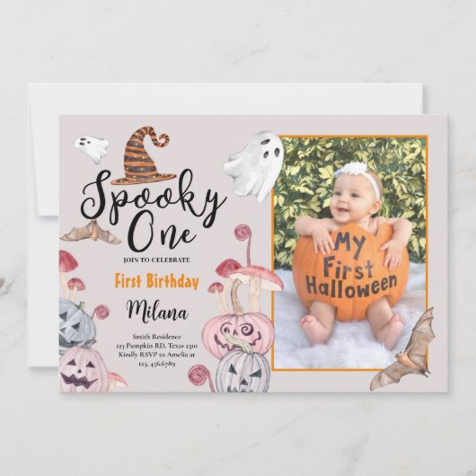 写真不気味付きワンカボチャハロウィーン誕生日 招待状 (正面)