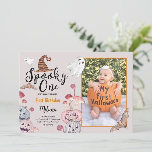 写真不気味付きワンカボチャハロウィーン誕生日 招待状 (スタンド正面)