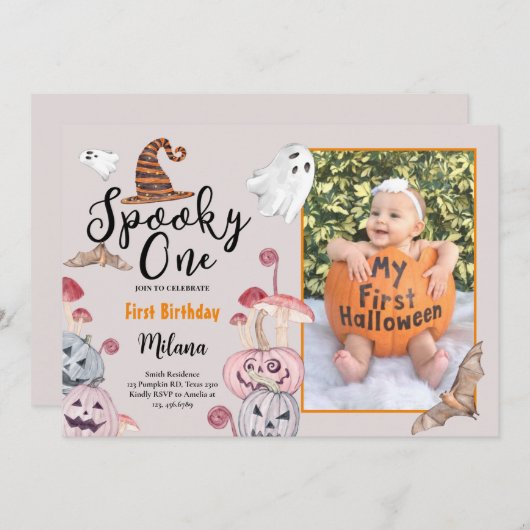 写真不気味付きワンカボチャハロウィーン誕生日 招待状 (正面/裏面)
