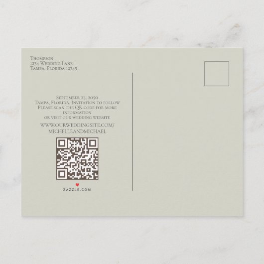 写真予算モダン結婚式の日付を保存QRコード 案内ポストカード (裏面)