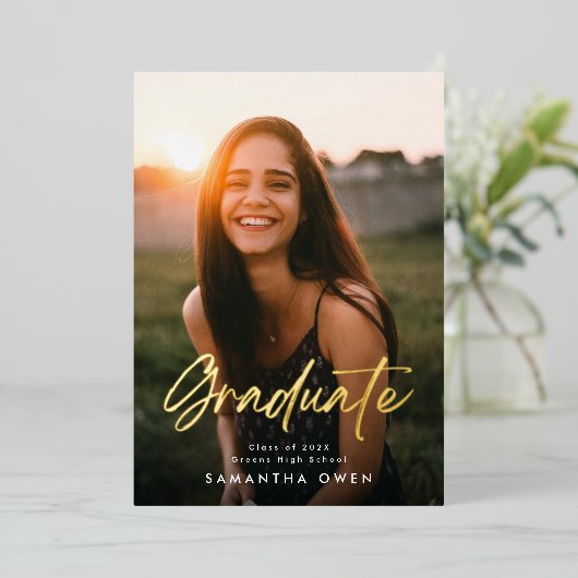 写真二部卒業パーティー金ゴールドブラシカスタム 箔招待状 (立ち正面)