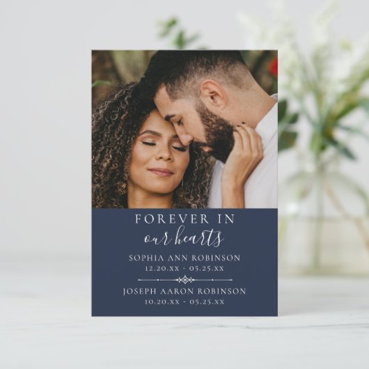 写真二重記念葬式ブルー祈りの言葉カード (スタンド正面)