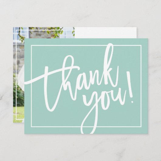 写真付きありがとう シンプルなモダン ブラシレタリング ミント サンキューカード (正面/裏面)
