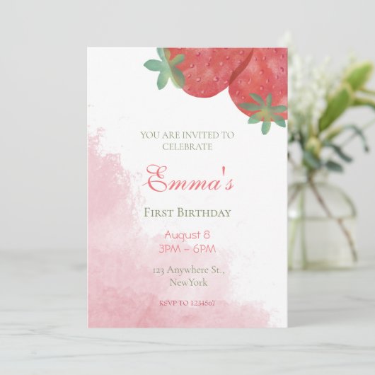 写真付きのイチゴ1歳の誕生日招待状。 招待状 (スタンド正面)