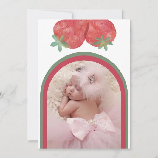 写真付きのイチゴ1歳の誕生日招待状。 招待状 (裏面)