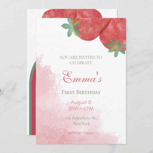 写真付きのイチゴ1歳の誕生日招待状。 招待状 (正面/裏面)