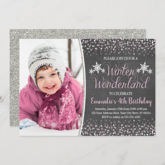 写真付きのウィンターワンダーランド誕生日招待状 招待状 (正面/裏面)
