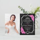 写真付きのキンチアニェラパーティー - ブラック ピンク シルバー 招待状 (スタンド正面)