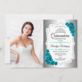 写真付きのキンチアネラパーティー - シルバー ティール ホワイト 招待状 (正面)