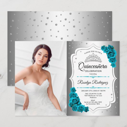 写真付きのキンチアネラパーティー - シルバー ティール ホワイト 招待状 (正面/裏面)