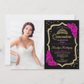 写真付きのキンチアネラパーティー - ブラック ピンク ゴールド 招待状 (正面)