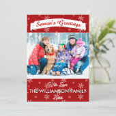 写真付きのクリスマスレッドの雪の結晶 シーズンカード (スタンド正面)
