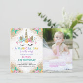 写真付きのグリッター ユニコーンの誕生日招待状 招待状 (スタンド正面)