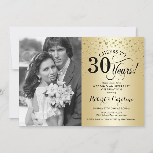 写真付きのゴールド30周年結婚記念日 招待状 (正面)