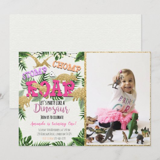 写真付きのサファリ恐竜誕生日招待状 招待状 (正面/裏面)