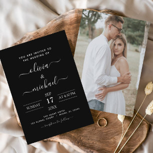 写真付きのシンプルなブラックホワイトの結婚式招待状 チラシ