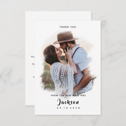写真付きのシンプルなヴィンテージブラシウェディング サンキューカード (正面/裏面)