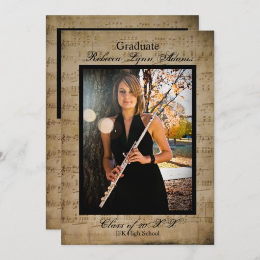 写真付きのシート音楽卒業発表 招待状 (正面/裏面)