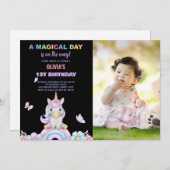 写真付きのユニコーン蝶の誕生日招待状 招待状 (正面/裏面)