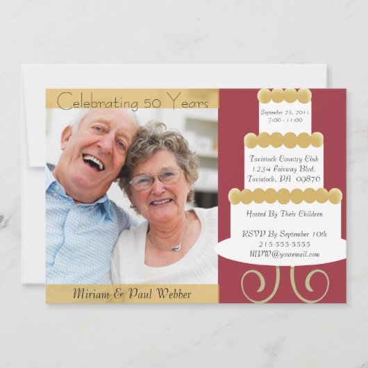 写真付きのユニークな50周年招待状（青と金） 招待状 (正面)