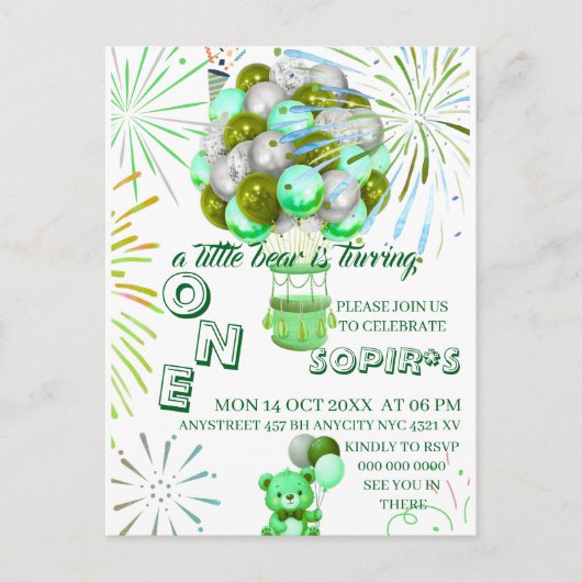写真付きのリトルベアの1歳誕生日招待状 ポストカード (正面)