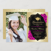 写真付きの卒業パーティー - ゴールド ブラック ホットピンク 招待状 (正面/裏面)