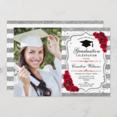 写真付きの卒業パーティー - シルバー ホワイト レッド 招待状 (正面/裏面)