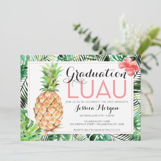 写真付きの卒業パーティー ハワイアン ピンアップ トロピカル 招待状 (スタンド正面)