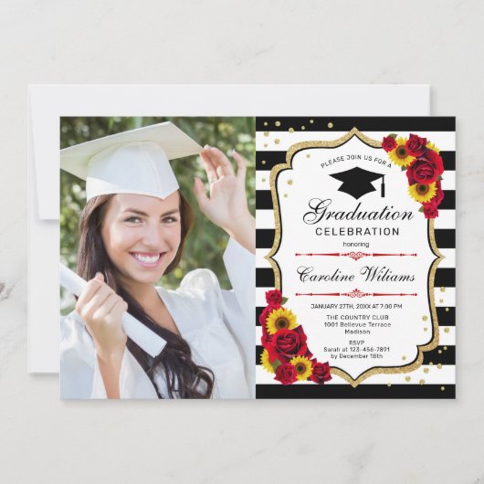 写真付きの卒業パーティー - ヒマワリとバラ 招待状 (正面)