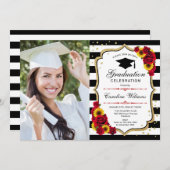 写真付きの卒業パーティー - ヒマワリとバラ 招待状 (正面/裏面)