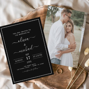写真付きの招待状が付いたお手頃なブラック・ホワイトの結婚式 チラシ