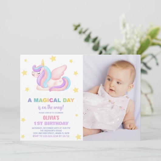 写真付きの星のユニコーンの誕生日招待状 招待状 (スタンド正面)
