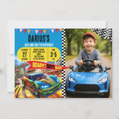 写真付きの男の子の誕生日パーティー用高速カーテーマ 招待状 (正面)