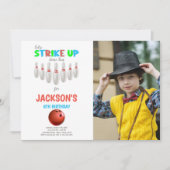 写真付きの白と赤のボウリングの誕生日招待状 招待状 (正面)