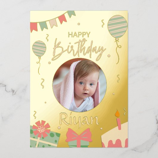 写真付きの緑のイラストのハッピーバースデーカード 箔招待状 (正面)