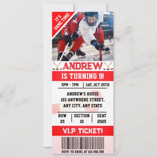 写真付きの編集可能なデジタルホッケー券の誕生日 招待状 (正面)