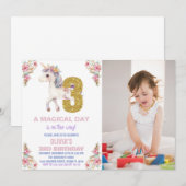 写真付きの花のユニコーンの誕生日招待状 招待状 (正面/裏面)