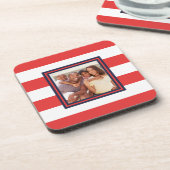 写真付きの赤と白のストライプ柄 コースター (左側)