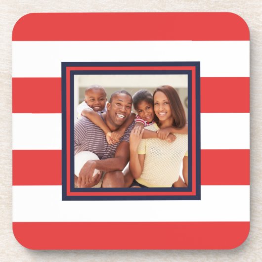 写真付きの赤と白のストライプ柄 コースター (正面)