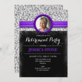 写真付きの退職 - 紫 銀 黒 招待状 (正面/裏面)