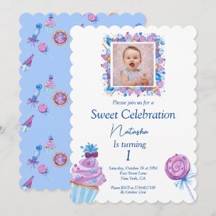 写真付きの青い甘いお菓子お誕生日 招待状