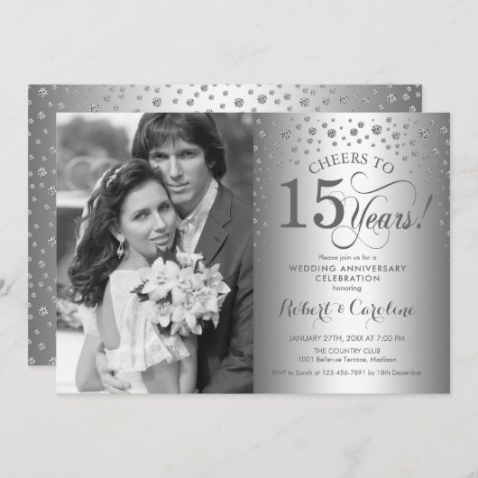 写真付きの15周年結婚記念日のシルバー 招待状 (正面/裏面)